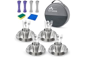 Camping Mess Kit, matlagnings servis redskapsset med tallrikar, skålar, gafflar, skedar, knivar och besparingsväska