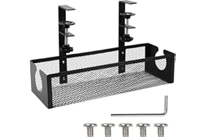 EHUIHUAN Under Desk Cable Management Tray No Drill, Cable Basket Tray Black,Desk Cable Tray, Mesh Table Desk Cable Tidy for Managing Cables and Power Strips, Wire Plug Organiser Box (B)