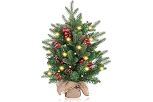 FGHB Choinka, mini choinki 50 cm/20 cali, choinki z lampkami i 2M diodami LED, choinka stołowa z podstawą z cementu, 75 końcówek gałęzi, na ozdoby choinkowe do domu i biura