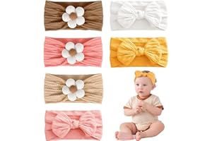 Uwiyo 6 Stück Baby Turban Stirnband Nylon Stirnbänder für Mädchen Schleife Stirnband Blume Stirnband Elastische Baby Turban Stirnband für Neugeborene, Kleinkinder (Bogen+Blumen, Einheitsgröße)