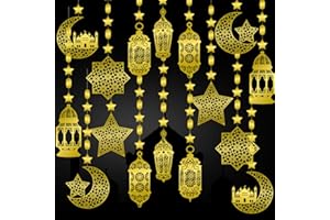 LECONCES Ramadan Mubarak Garland Eid Decorations, Shining Gold Star Moon Lantern Hanging Streamer Banners Ramadan Hanging Decorations for Islam Festival Party Supplies, Ramadan Kareem Decor