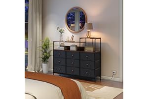 LYNCOHOME Chest of Drawers with Power Outlets, 9 Fabric Bedroom Storage Drawers, Wide Dresser for Bedroom Living Room Entryway, Nursery