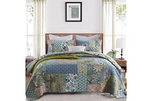 WONGS BEDDING Colcha de algodón de tamaño doble, 3 piezas, estilo vintage, con 2 fundas de almohada, manta acolchada bohemia decorativa, 220 x 240 cm