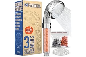 RYMERCE Filtered Shower Head for Hard Water UK - Universal Adjustable 3 Mode Function Handheld Replacement - High Pressure Shower Head Filter with Eco Beads