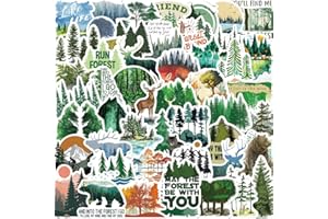 FOCRI 50Pcs Wald Aufkleber, grün Woodland Umwelt Aufkleber für Jugendliche Erwachsene, Vinyl wasserdicht Cartoon Kiefer Baum Tiere Pflanze Aufkleber