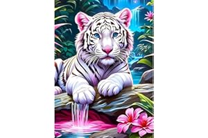 QINRUBB DIY Tigre Blanc Peinture Diamant Painting Kit, 5D Tigre Art du Diamant Complet Kits, Fleurs Diamond Art Kits Point de Croix Painting pour Adultes Débutants Maison Décor 30X40cm