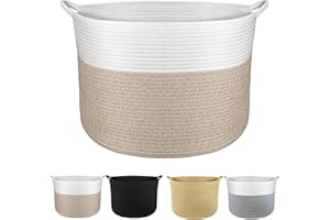 Tking Woven Storage Basket 55cm x 35cm Cotton Rope Basket 83L Extra Large Blanket Basket Laundry Baskets for Clothes Bedding Toy Baby Storage Organiser Living Room Nursery Laundry Hamper Brown/White
