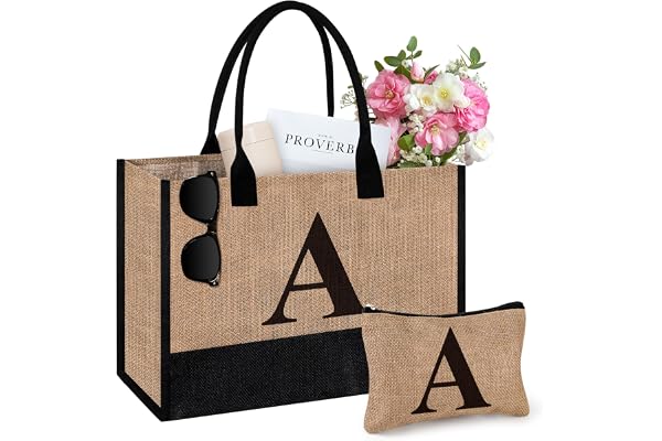 Initial jute-tygväska och sminkväska, födelsedagspresenter för kvinnor hennes mamma lärare, lämplig för bröllop, strand, semester