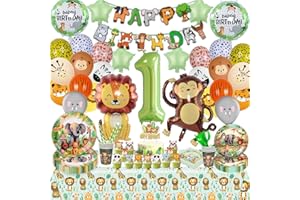 SYLPHLIKEONIRIC Waldtiere Geburtstag Deko 1 Jahr Kinder Junge Mädchen, Dschungel Geburtstag Dekoration Party Set, Safari Geburtstagsdeko Banner Teller Tasse Servietten Tischdecke Stroh(Ballon Geschirr Tiere 1 Jahr)