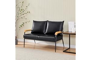 LEMROE Divani 2 Posti Moderno in Pelle con Struttura in Metallo e Braccioli in Legno per Soggiorno Camera degli Ospiti Ufficio (Nero, 2 posti)