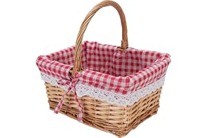 Cocoarm Flätad Picknickkorg, Vintage Handvävd, Löstagbart Foder, för Campinghem, Mångsidig Förvaring, 9,84x7,48x5,12 Tum (Röd pläd)