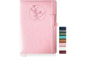 Qefuna Cuaderno de notas para mujeres y hombres, 256 páginas A5 cuadernos de notas de cuero, diario de rayas/cuaderno con papel 100Gsm, soporte para bolígrafo 5.8"×8.4"(Rosa)