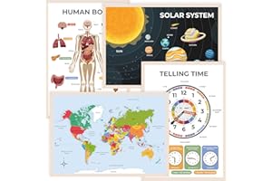 Wonder Tots World Map, Solar System, Telling Time, Human Body Poster - Kids Learning Wall Chart, Educational Posters for Children, Home Schooling, Classroom Decor (4 Pack, A3 Laminated)