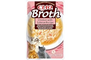 INABA Churu Broth - Bulion dla kotów - Przekąski Przepis Kurczak i Łosoś - Nagrody Białko Zwierzęce - Bez Zbóż, Konserwanty, Barwniki - Tylko 16Cal - 40g