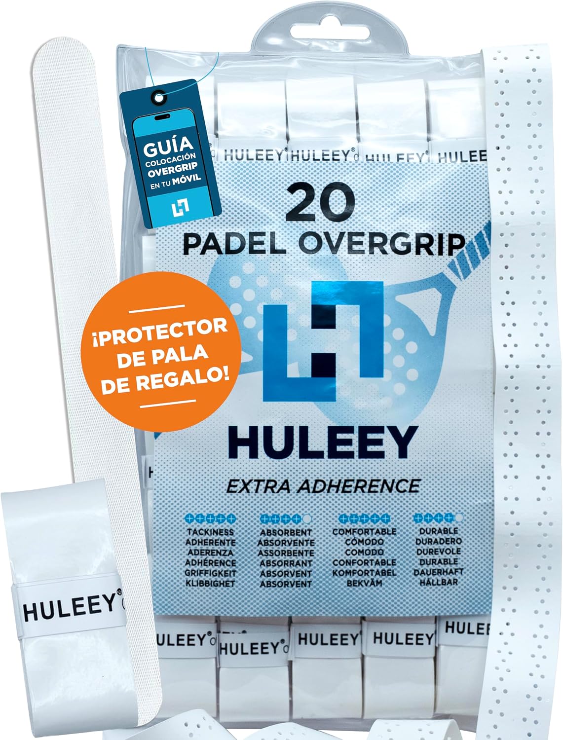 HULEEY Overgrips Pádel Blanco Perforado – Packs 6/12/20/60 – Antideslizante Extra-Adherente – Alta Absorción – Incluye Protector de Pala