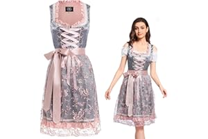 VKI Midi Dirndl Damen Kleid mit Spitzenschürze, Bayerische Tracht Oktoberfest Damen Outfit