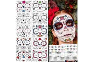FLYFTREY 10 Feuilles Halloween Tatouages Temporaires pour visage, 2 Autocollant Diamant, Crâne mort Floral Squelette Noir Tatouages éphémères Pour Adulte Enfants Autocollants Déguisement Costume Maquillage
