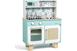 MEDOGA Wooden Kitchen Playset, Toddler Kitchen Set for Age 3-Pretend Play Kitchen with Real Lights&Sounds, Kids Toy Kitchen Sets with 8 Psc Cookware Accessories,Toy Gift for Girls & Boys (Green)