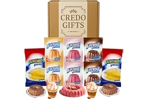 CREDO GIFTS Classic Dessert Gift Set Hamper - Blancmange Flavours 2 Packs of Each - Strawberry 35g, Chocolate 41g, Butterscotch 35g, Instant Custard 72g | Pudding Mix | Custard Kit | Traditional British Desserts