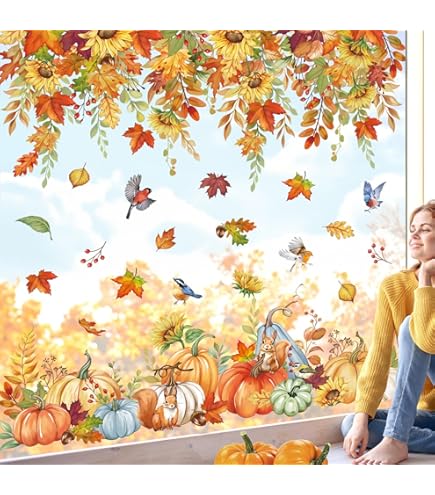 Wondever Stickers Fenetre Feuille Érable Citrouilles Autocollant Fenêtre Action De Grâce Fête De Récolte Animaux Electrostatique Anti-Collision Décoration Pour Automne Vitre Stickers