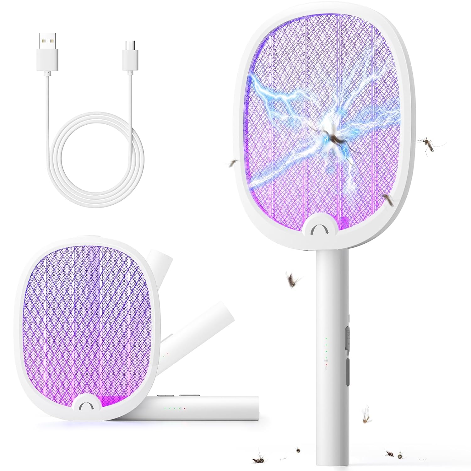 YISSVIC Racchetta Zanzare Elettrica Pieghevole 4000V USB-C Ricaricabile | 3 in 1, Batteria 1800mAh, LED Trappola per Zanzare, Antizanzare, Adatto per Interni ed Esterni, Bianco