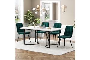 Ctastay Esstisch-Set mit 4 Stühlen 140x80 cm, Essgruppe mit 4 Stühlen aus Samt, Küchen-Esstisch für Zuhause & Familie, Schwarz Metall Tischbeine + 4 Dunkelgrün Stühlen