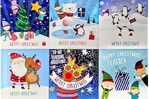 YLAB 30 Mini Christmas Cards for Kids – Cute Festive Designs – 7.7cm Square – With Envelopes – Includes Teacher & Teaching Assistant Cards – Xmas for School