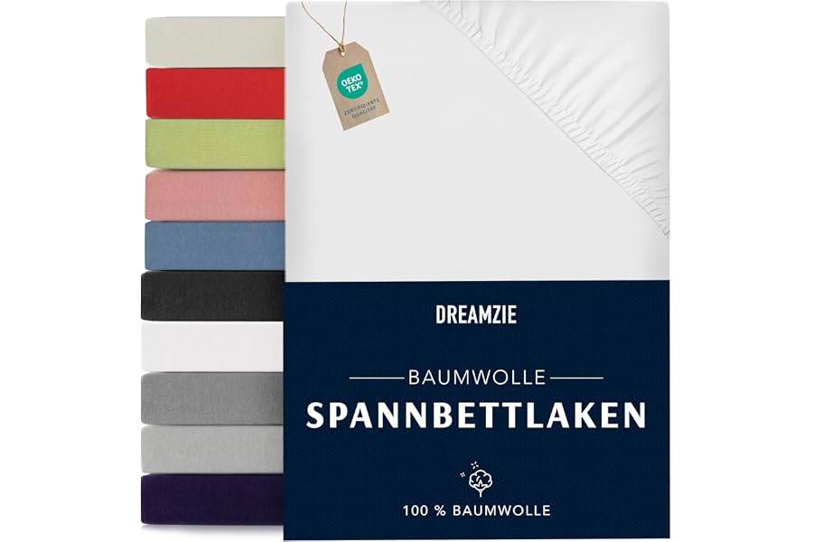Dreamzie - Spannbettlaken - 180x200cm - 100% Baumwolle Jersey | Weiß · Leintuch mit Rundumgummi · Spannbetttuch bis 27cm Steghöhe · Oeko-Tex zertifiziert · Doppelbett / King Size