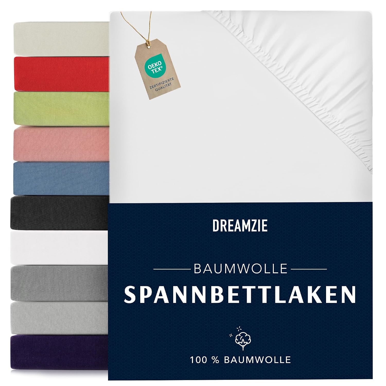 Dreamzie - Spannbettlaken - 180x200cm - 100% Baumwolle Jersey | Weiß · Leintuch mit Rundumgummi · Spannbetttuch bis 27cm Steghöhe · Oeko-Tex zertifiziert · Doppelbett / King Size