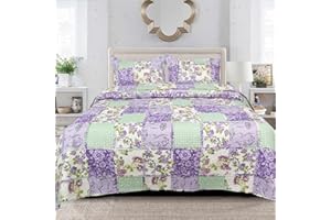 B&B Single Bedding Sets For Girls - Cotton Patchwork Bedspread Throw for Sofa Bed - Decorative Vintage Box Pattern Quilt Comforter Set- BLOSSOM ROSE (Des 4)