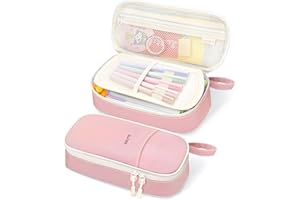 SUNEE Federmäppchen mit großer Kapazität, Ästhetische Mäppchen mit Fächern und Griff, Tragbare Federtasche und Federmappe für Schule, Büro, Mädchen, Jungen, Teenager & Erwachsene, Hellrosa