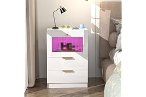 Chleby Moderna Mesita de Noche con Tira de luz LED Blanco Mesitas de Noche de Cristal con Enchufe Mesas auxiliares con 3 cajones para Dormitorio, salón