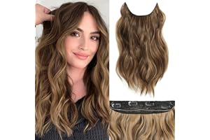 BUPPLER Halo Hair Extensions 16 Inch Invisible Wire Hair Extensions Adjustable Long Wavy Hairpiece Synthetic Upgrade 4 Secure Clips in Hairpieces 16 Inch,Medium Brown Mixed Golden Brown