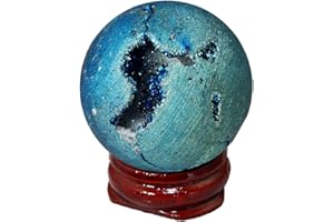 mookaitedecor 40x40 mm Titanium Coated Quarz Geode Achat Stein Kristallkugel mit Holzständer, Edelstein Druse Wahrsagerkugel für Feng Shui Meditation Dekoration Spirituelle Geschenk, Hellblau