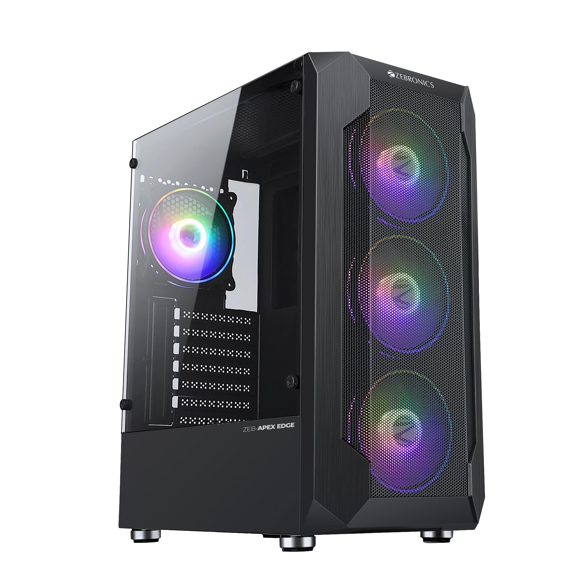 ZEBRONICS APEX Edge Premium Mesh Gaming Cabinet/Case, Full-Tower, Supports E-ATX | ATX | mATX | ITX, AIO Upto 360mm, 4X Inner Glow ARGB Fans, Tempered Glass, USB 3.0, Magnetic Dust Filter