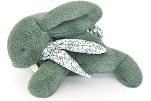 Doudou et Compagnie - LAPIN DOUDOU - Peluche Doudou Lapin Habillée d'un Foulard en Lin - Vert Sauge - 29 cm - Pour Enfants dès la Naissance - Garantie Doudou Perdu - Avec Boite Cadeau- DC4143