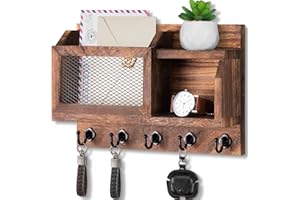 Nekon Key Holder Wall Mount with Mail Slot, 11.8" W x 7.5" H x 3.1" D Modern Farmhouse Key and Mail Organizer with 5 Hooks for Home Decor (Brown)