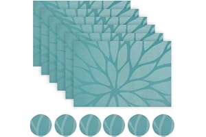 TRANSPLANT Placemats and Coaster Sets Teal Set of 6 - Woven Vinyl Dinning Table Placemats Heat Resistant Non-Slip Washable Wipe-Clean Place Mats for Home, Kitchen (6 placemats + 6 coasters)(BlueGreen)
