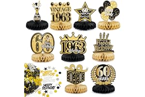 BETESSIN 9 Ensembles Décorations 60Ans Anniversaire Centres de Table Nid d'abeille Confettis Happy Birthday Accessoires Décorations Cellulaire Hommes Femme Fournitures de Fête Anniversaire