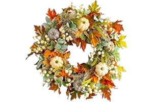 OMPVOR Fall Wreath for Front Door, Autumn Artificial Wreath with Maple Leaf,White Pumpkins and Berries for Thanksgiving and Halloween Window Wall Decor Hanging Porch Home Decorations Ornament