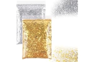RUNEAY Poudre de paillettes, 100 g, paillettes pour le bricolage, les ongles, le visage, le maquillage, la fabrication de cartes, l'artisanat, le nail art, or + argent