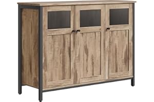 VASAGLE Meuble de Rangement, Buffet, avec Placard 3 Portes, pour Salle à Manger, Salon, Cuisine, Entrée, Cadre en Acier, Style Industriel, Marron Camel et Noir d'encre LSC099K02