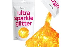 Hemway Premium Ultra Sparkle Glitter Multi Purpose Metallic Flake for Arts Crafts Nails Cosmetics Resin Festival Face Hair - Fluorescent Orange - Super Chunky (1/8" 0.125" 3mm) 100g / 3.5oz