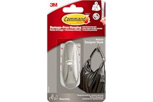 Command Medium Brushed Nickel Designer Hook, Indoor use - 1 Metal Medium Hook and 2 Adhesive Strips - Hang Jackets, Purses, Handbags, Backpacks, Hats, Scarves, Dog leads - Organise Damage Free