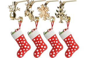 FALAFOTY Weihnachtsstrumpf Halter 4Pcs Metall Weihnachtsstrumpf Aufhänger Häkchen Gold Weihnachtskaminhaken mit Schneeflocke Weihnachtsbaum Schneemann Elch Kaminstrumpfhaken für Weihnachtsfeier Dekoration