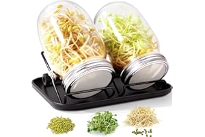 FoiiLiio Sprossenglas Keimglas 2er Set,1000ml keimgläser für Sprossenglas Sprouting jar mit 1 Schwarz Tablett 2 Filtergitterabdeckungen aus Edelstahl 304 und 2 Ständer für Alfalfa Brokkoli Mungobohnen