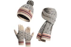 LumiSyne Invernali 3 Pezzo Cappello Sciarpa Guanti Per Donna Berretto Beanie Sciarpa Lunga Guanti Touch Screen Jacquard Lavorato a Maglia Modello Di Fiocco Di Neve Calda Morbido Spessa Fodera In Pile