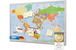 GOODS+GADGETS Tablero de anuncios de corcho del mapa mundial con marco 90x60 cm - Tablero de notas de corcho con 20 banderas marcadoras - Tablero de anuncios del mapa mundial Memoboard XXL
