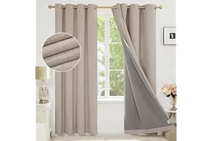 Deconovo Full Blackout Curtains 90 Inch Drop with Coating Faux Linen Thermal Energy Saving Eyelet Curtains for Living Room, 46 x 90 Inch(Width x Length), Taupe, One Pair
