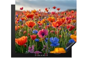 KitchenYeah© Protection Plaque Induction 60x52 cm Protege Deco Cuisine Cache Protège De Cuisson Accessoires Fleurs - Colorées - Champ de fleurs - Plantes - Orange